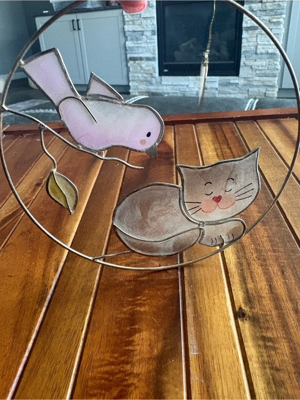 Whimsical Cat & Bird with Heart Capiz Shell Window Suncatcher Decoration